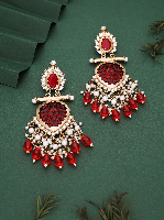 Gold Plated Handcrafted Kundan Studded Red Beaded Dangle Earrings