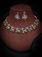 Mendi Gold Plated CZ Studded Emerald Statement Necklace Set