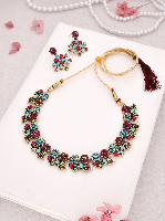 Rose Gold Plated Pink & Skyblue Zirconia Studded Necklace Set