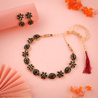 Gold Plated Contemporary Black Polki & AD Necklace Set