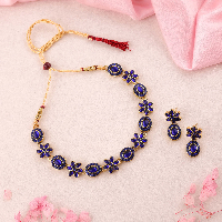 Gold Polished Blue Gemstone Studded Elegant Necklace Set