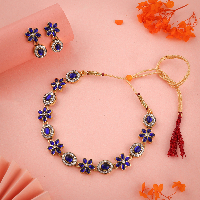 Gold Polished Blue Gemstone Studded Elegant Necklace Set