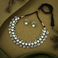 Silver Oxidised Necklace Set With Studded Seagreen Stones