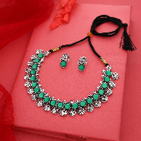 Silver Plated Handcrafted Oxidised Green Stone Necklace Set