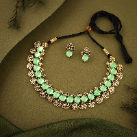 Gold Plated Seagreen Artificial Stones & Beads-Studded Jewellery Set