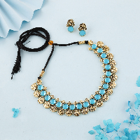 Gold Polish Skyblue Stone Necklace Set & Earring