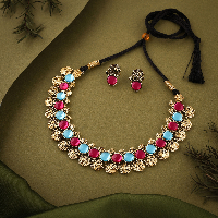 Gold Plated Kundan Studded Skyblue & Pink AD Jewellery Set