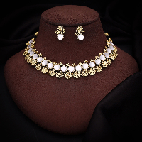 Beautiful Gold Plated Traditional White AD Studded Necklace Set