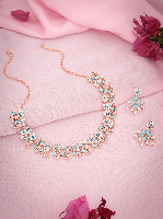 Shimmering Sapphire: Rose Gold-Toned Necklace Set with Blue American Diamonds