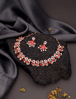 Rose Gold Floral Necklace Set with Fiery Red American Diamonds