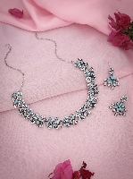 Premium Rhodium Plated AD Sky Blue Statement Necklace