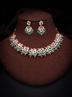 Rose Gold Plated Green AD Studded Necklace Set