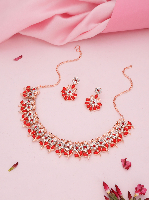 Rose Gold Plated Red Coloured Stone Studded Necklace Set