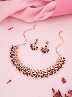 Rose Gold Plated Maroon AD Stone Studded Necklace Set.