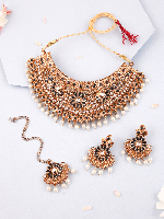 Mendi Gold Plated Black Studded American Diamond Necklace Set.