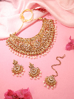 Mendi Gold Plated Pearl Studded Necklace, Earring & Maangtikka Set.