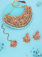 Vintage Mendi Gold Plated Necklace Set With Studded Diamonds & Pearl