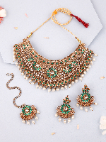 Mehndi Gold Plated Dazzling Reverse AD White Beaded Choker Set