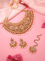 Mendi Gold Plated Studded Pearl Beaded Long Necklace, Earring & Maangtikka Set