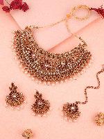 Regal Mendi Gold Tone Necklace Set With Maroon Stones