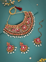 Mehndi Gold Plated Dazzling Reverse AD White Pearl Beaded Choker Necklace Set