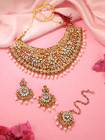 Mehndi Gold Plated Captivating Reverse Necklace, Earring & Maangtikka Set