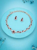 Rose Gold Plated Luxury AD White & Maroon Studded Necklace Set