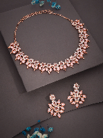 Rose Gold Plated AD Stone Studded Baby Pink Beaded Necklace Set