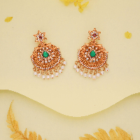 Radiant Charm: White AD Peacock Pearl Traditional Earrings in Gold Polish