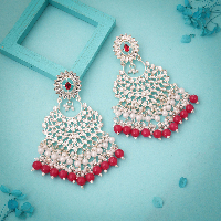 Zircon Plated Kundan Crystals Studded Red Beads And Pearls Party Wear Earrings