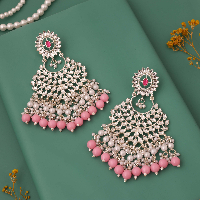 Silver Plated High Quality Emerald Studded Kundan Pink Beaded Dangles Earrings