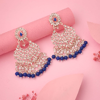 Designer Silver Polish Kundan & Blue Pearl Studded Dangle Earrings