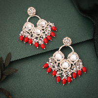 Gold Polish and Red Pearl Beaded Statement Regal Earrings