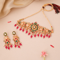 Royal Floral Motif Gold Plated Green & Pink Ruby With Pink Pearl Studded Choker Set