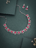 Sleek and Contemporary Rhodium Plated Pink AD Zirconia Necklace Set - Trendy Jewelry