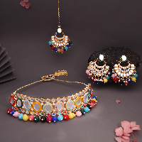 Beautiful Gold Plated Multicolor with Mirror Choker Necklace set