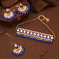 Exclusive Pearl & Mirror work Gold Choker with Matching pair of earrings and Maang tikka set