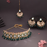 Fashionable Pearl & Mirror work Gold Choker with Matching pair of earrings and Maang tikka set