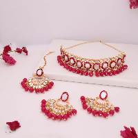 Elegant Pearl & Mirror work Gold Choker with Matching pair of earrings and Maang tikka set