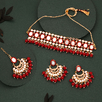 Classy Mirror and Pearl Choker Necklace with pair of earrings and Maang tikka Set for All Age