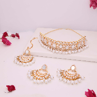 Charming Pearl & Mirror work Gold Choker with Matching pair of earrings and Maang tikka set