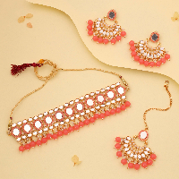 Pearl & Mirror Studded Gold Choker with Matching pair of earrings and Maang tikka set