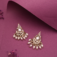 Gold Plated Kundan Stone Studded White Pearl Attach Earring for Women & Girls.