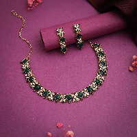 Gold Plated Premium Contemporary Green AD Necklace Set