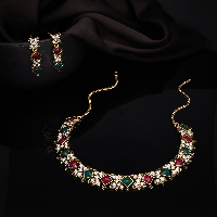 Gold Plated Choker Set with Multi Color Studded Stones With Earring