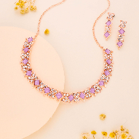 Elegant Rose Gold Necklace Set with Dazzling White & Purple Stones