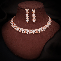 Stylish Rose Gold Plated Necklace Set with Sparkling White Crystals