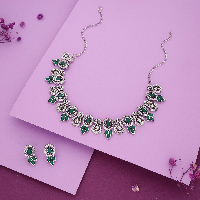 Silver Plated Green AD Studded Emerald Statement Necklace Set