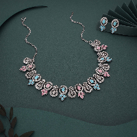 Stone-Studded Rhodium-Plated Multi-Color AD Necklace Set - Glamorous Design