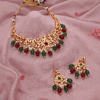 Bridal Gold-Tone White AD Multi Color Beads Pearl Choker Set with Earrings For Women